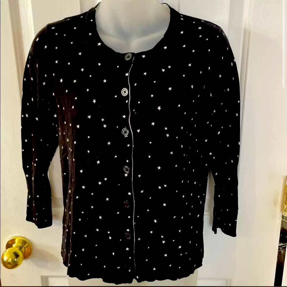 Loft Sz XS Button down Cardigan Sweater Black White Stars Lightweight CL2